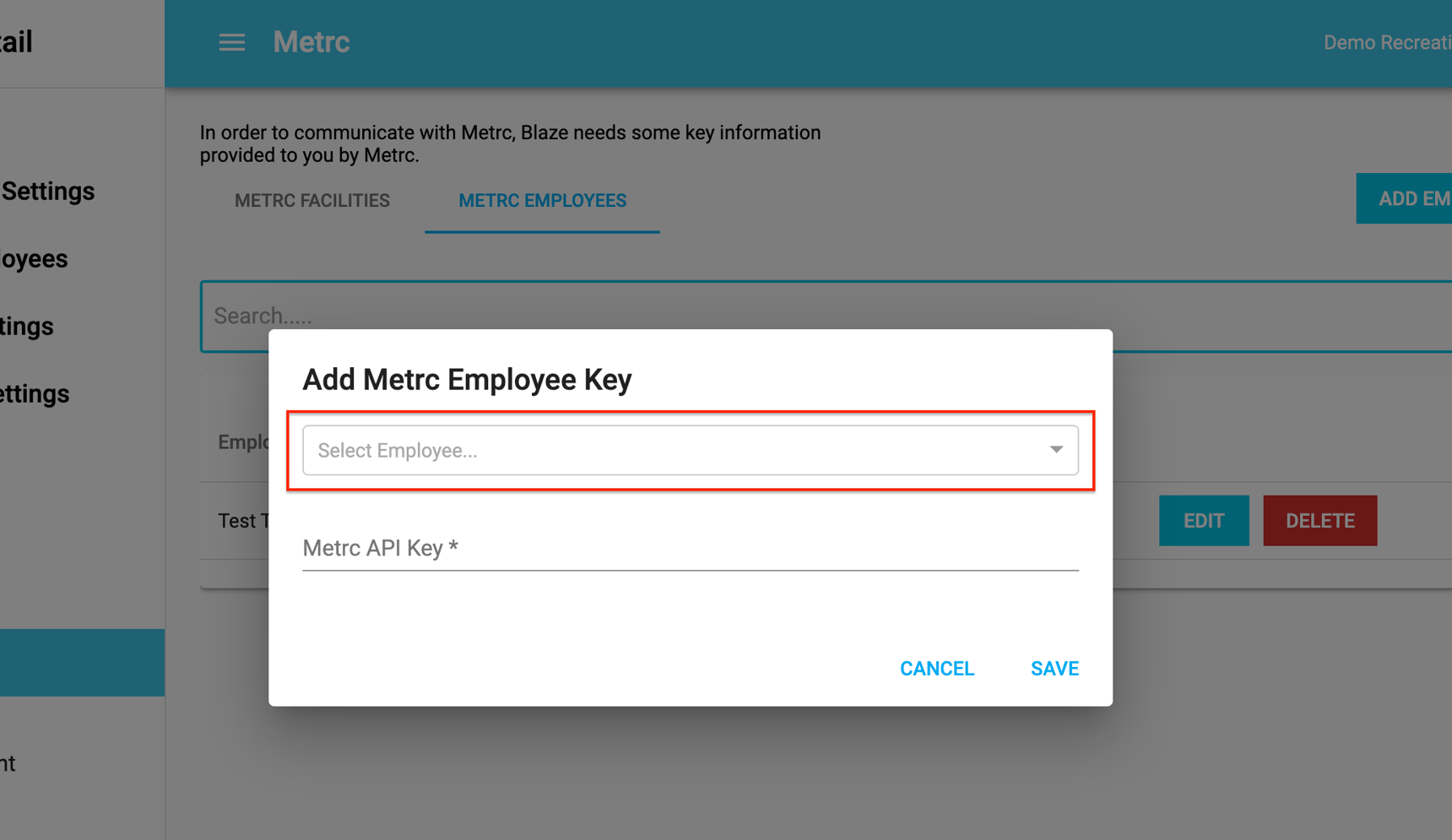 Retail | Add Employee Metrc API Key